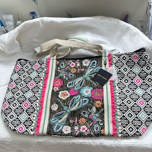RARE NWT America and Beyond Dragonfly Embellished Beach Tote Beaded Sequins